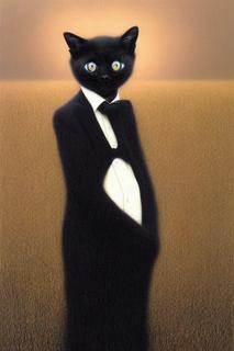 a kitten wearing a tuxedo on his way to a funeral, high quality painting, highly detailed, precisionism, fractalism, dystopian art, by Zdzislaw Beksinski 1975 and Tomasz Alen Kopera 1976 -s75 -W512 -H768 -C7.5 -Ak_euler_a -S204717494